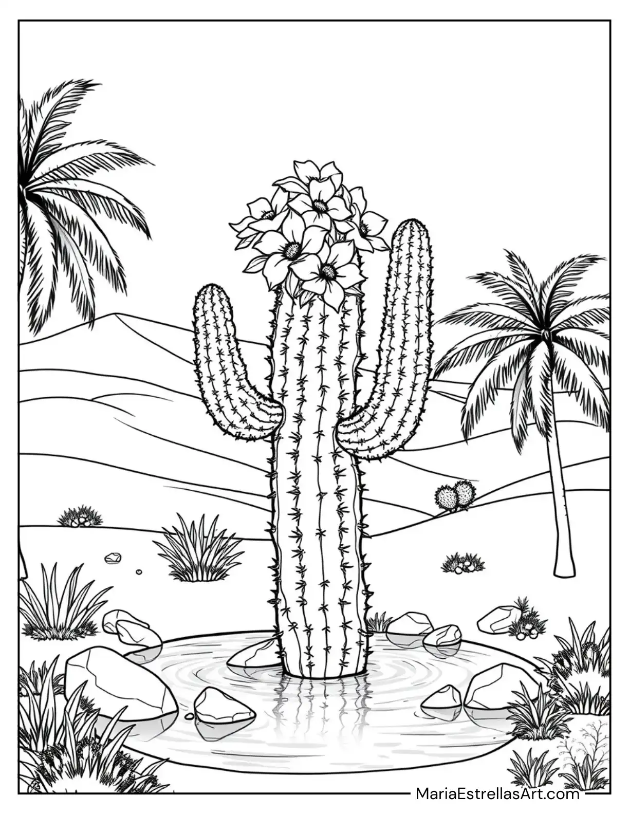 Flowering Cactus in a Desert Oasis Coloring Sheet