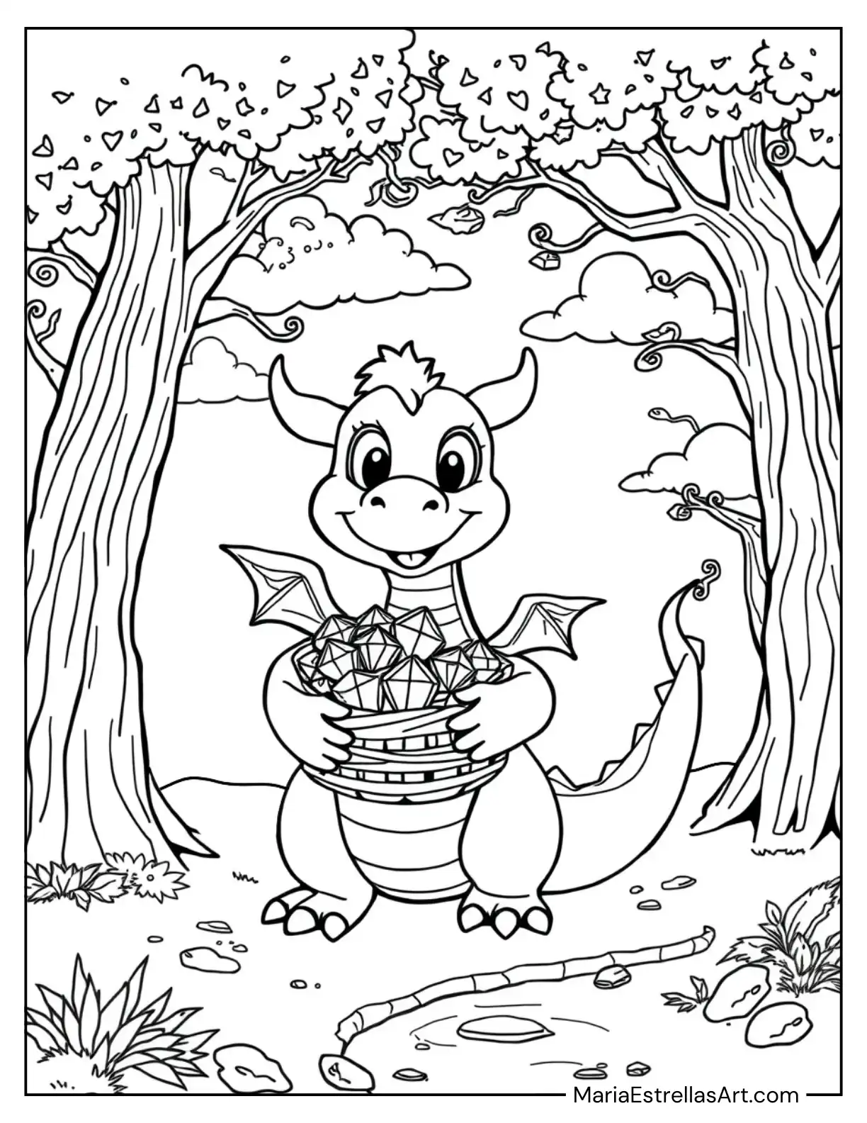 Friendly Dragon with a Basket of Gems Coloring Page