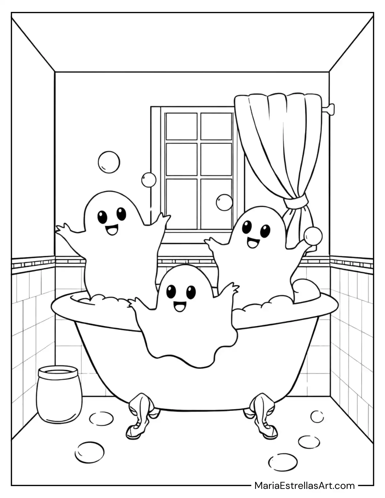 Friendly Ghosts Playing with Bubbles in a Cozy Bathroom Coloring Sheet