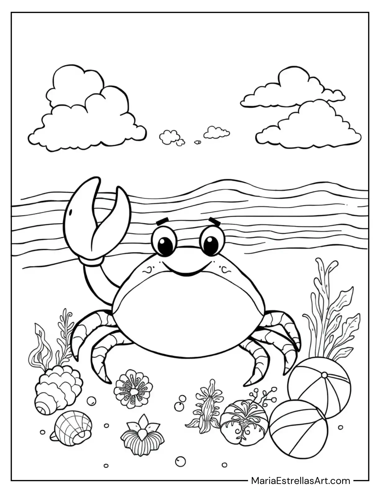 Friendly Little Crab Waving on the Beach Coloring Sheet