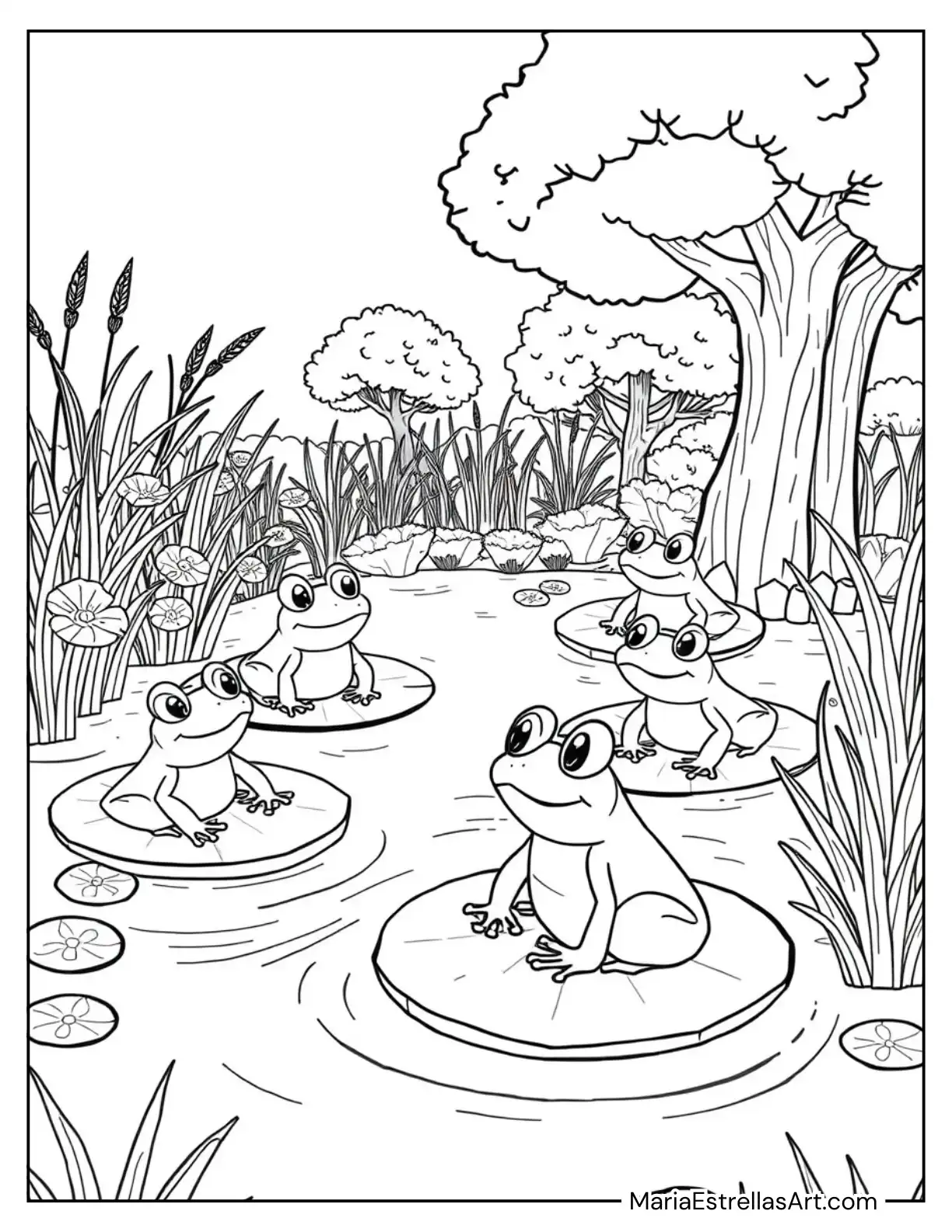 Frogs Resting on Lily Pads in a Cozy, Shaded Pond Coloring Sheet