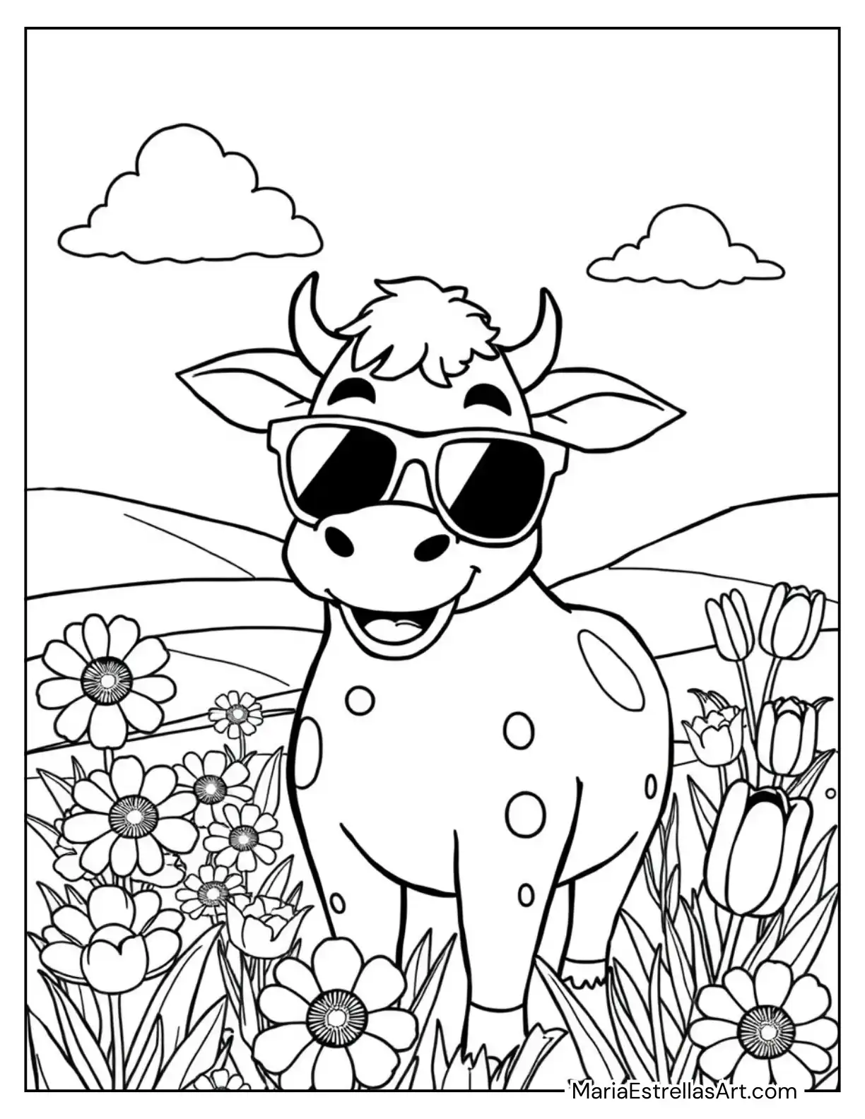 Funny Cow with Sunglasses and Flowers Coloring Page