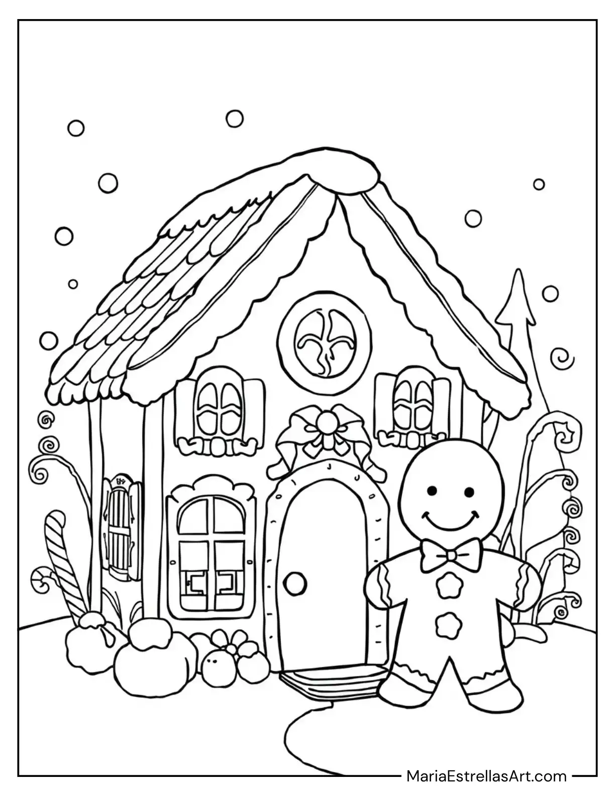 Gingerbread House with Gingerbread Man Outside Coloring Page