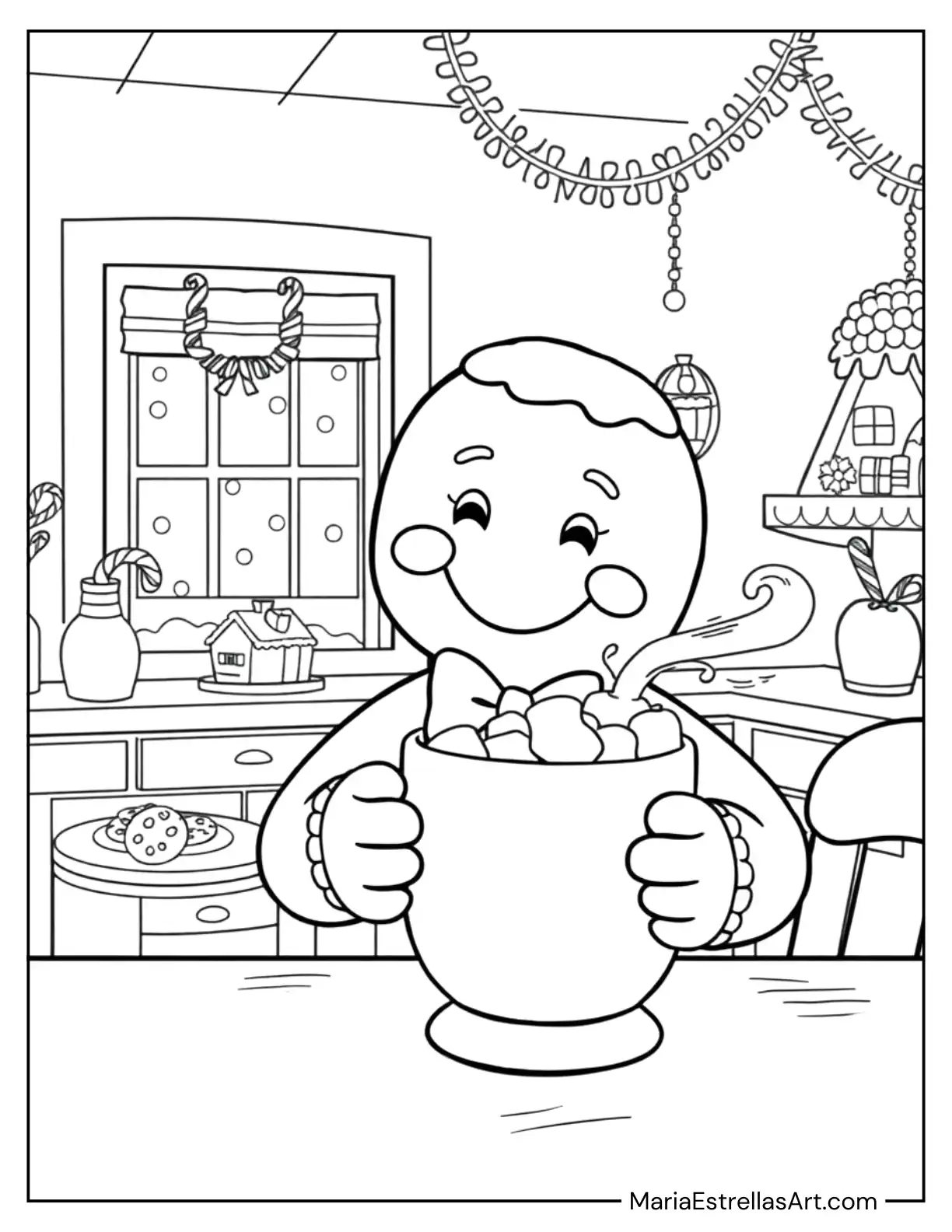 Gingerbread Man Enjoying a Cup of Hot Chocolate Coloring Page