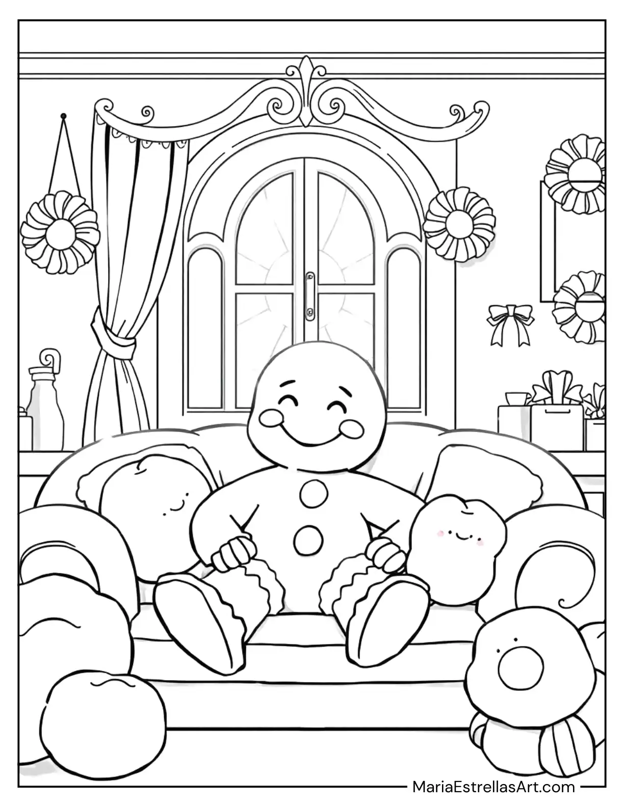 Gingerbread Man Relaxing on a Marshmallow Couch Coloring Sheet