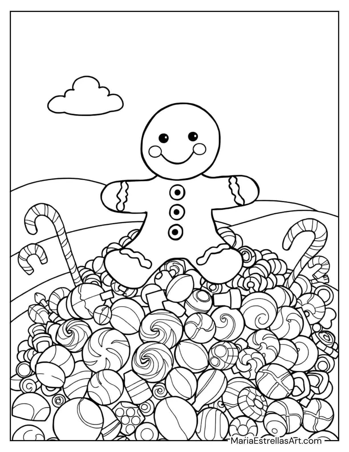 Gingerbread Man Sitting on a Pile of Candy to Color for Kids