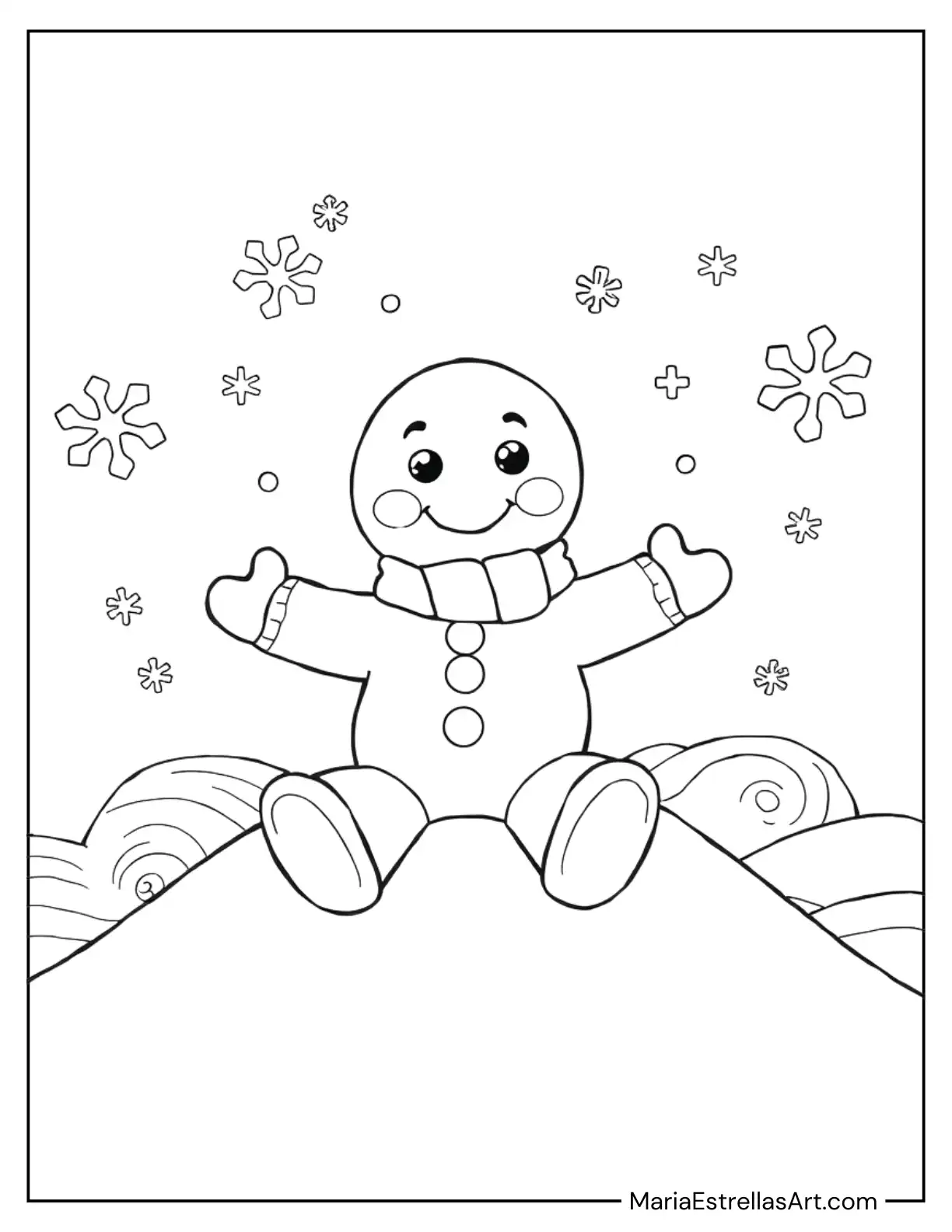 Gingerbread Man Sitting on a Snowy Icing Hill Coloring Page