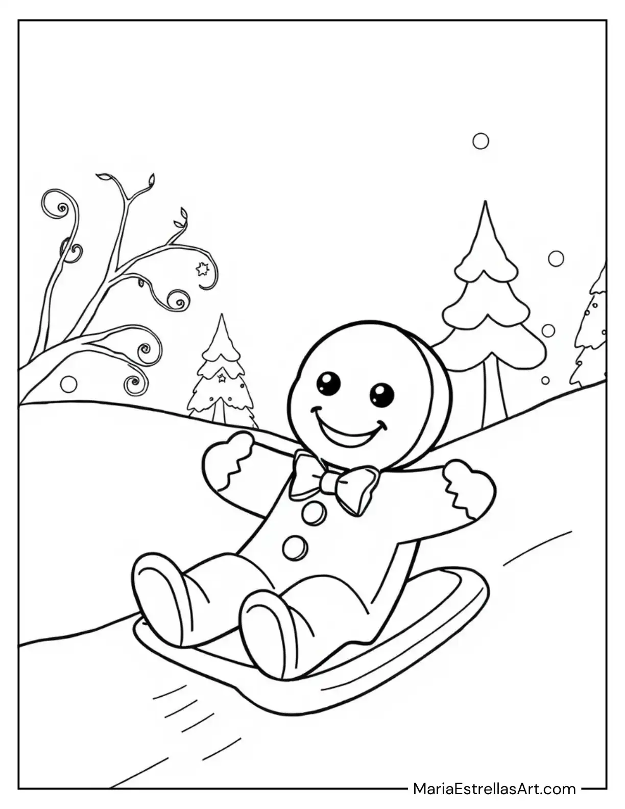 Gingerbread Man Sliding Down a Frosted Hill Coloring Sheet