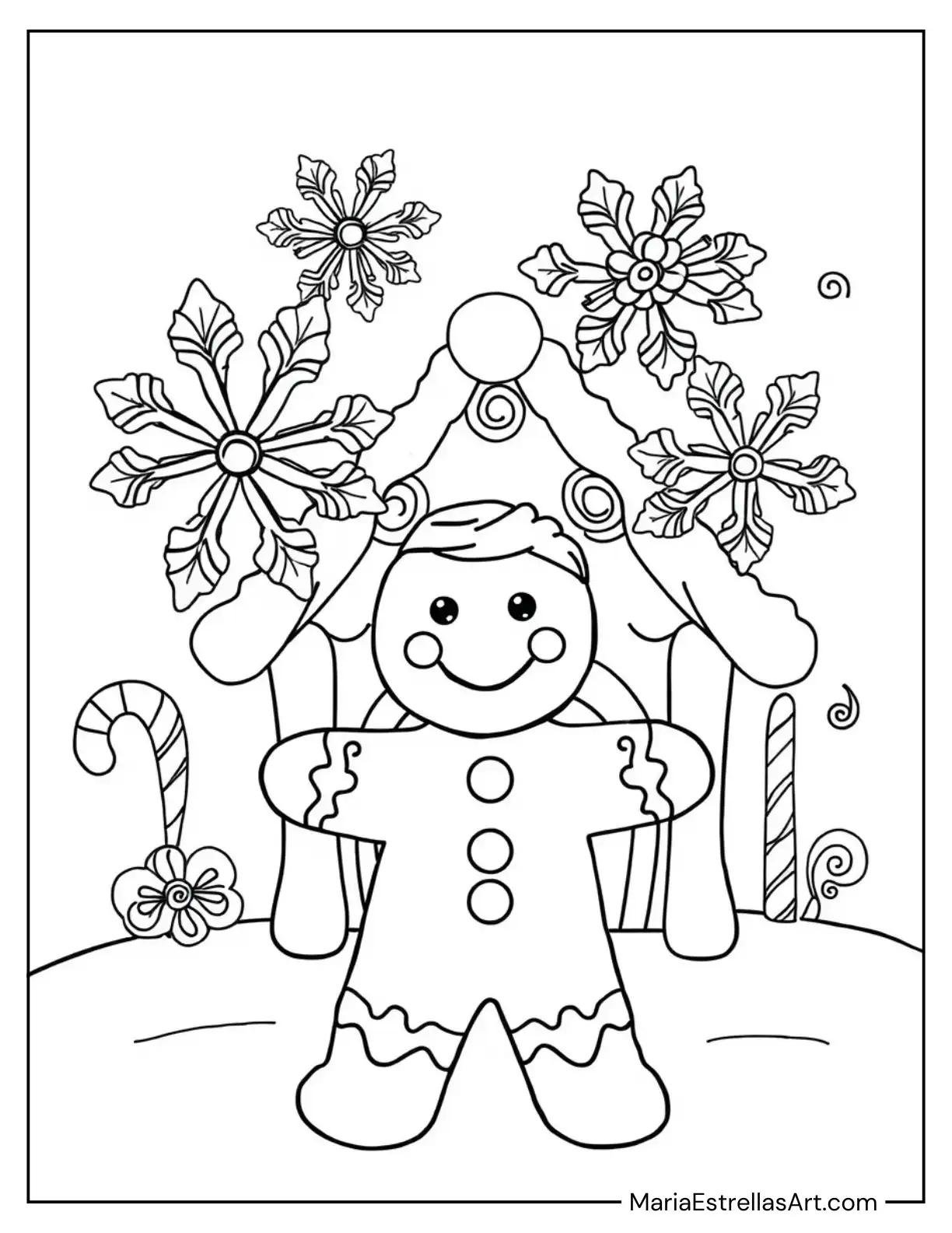 Gingerbread Man Surrounded by Candy Snowflakes Coloring Sheet