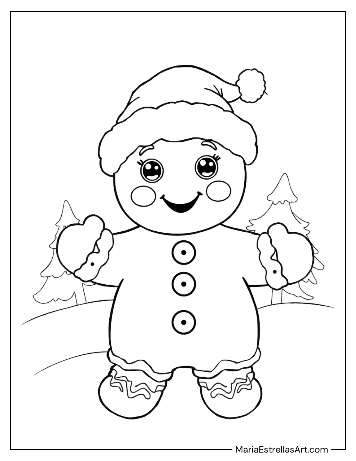 Gingerbread Man Wearing a Santa Hat and Mittens Coloring Page