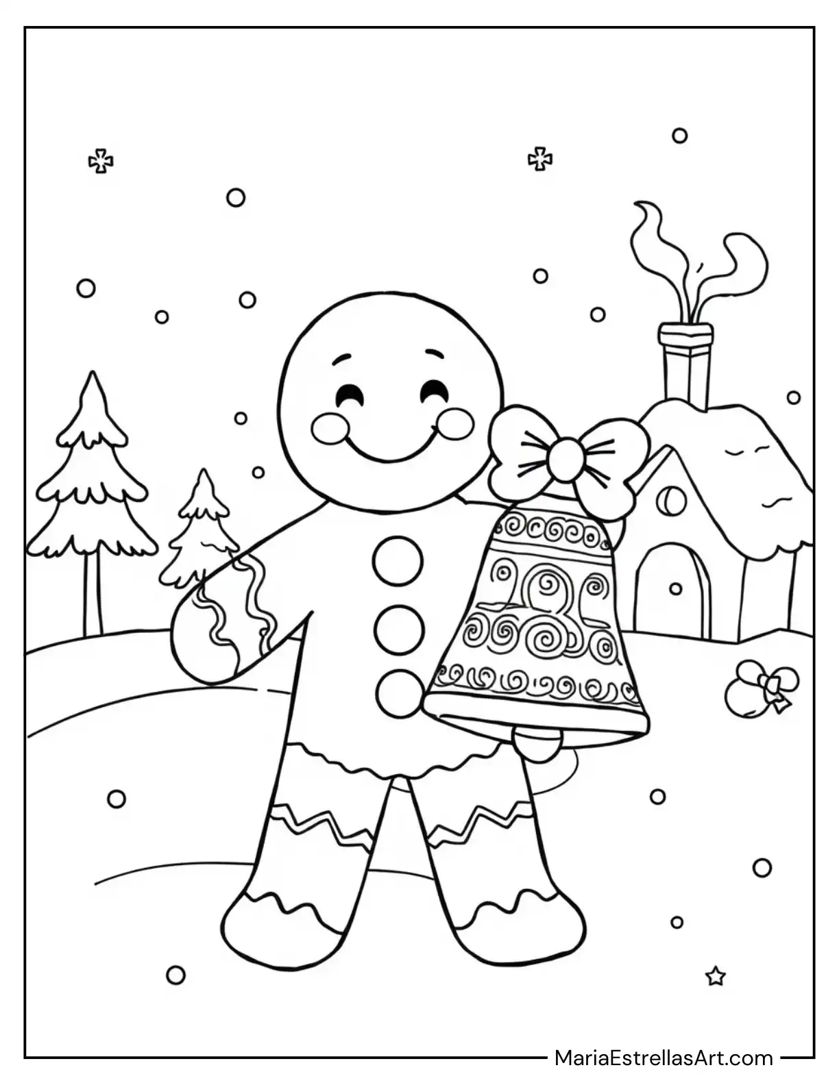 Gingerbread Man with a Christmas Bell in Hand to Color for Kids