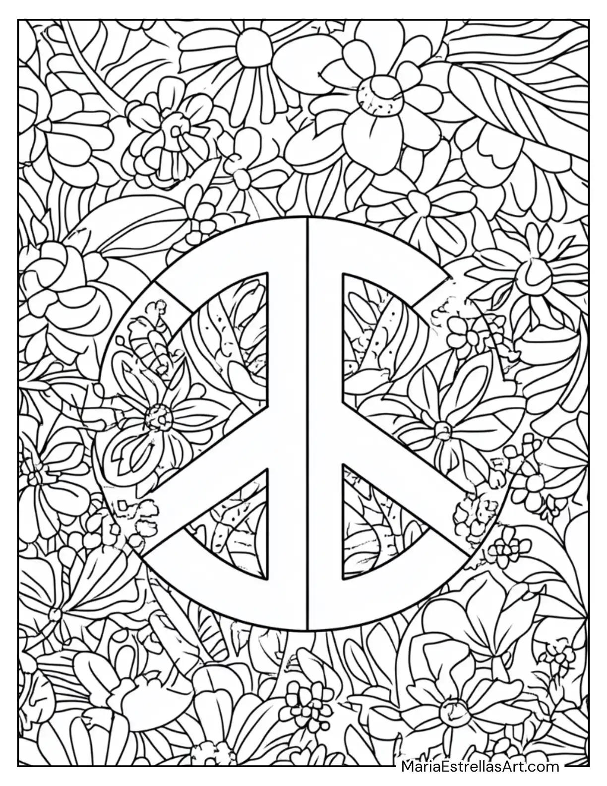 Groovy Peace Symbol With Floral Patterns to Color for Kids