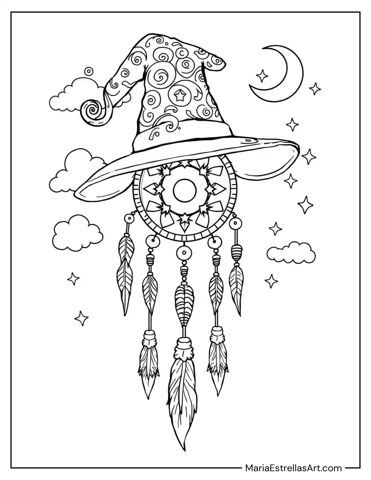 Halloween Witch Hat Dreamcatcher to Color for Kids