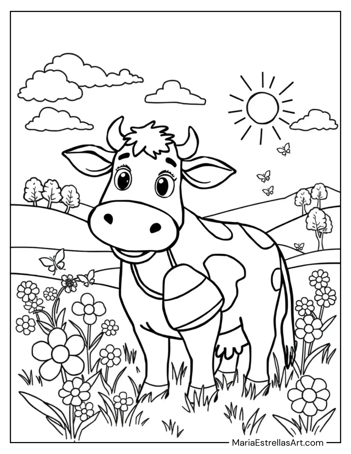 Happy Cow with Bell Around Its Neck to Color for Kids