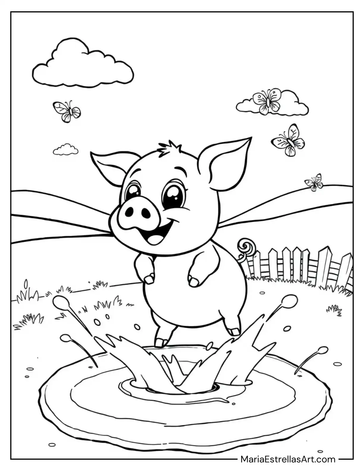 Happy Little Piglet Jumping in Mud Puddles Coloring Page