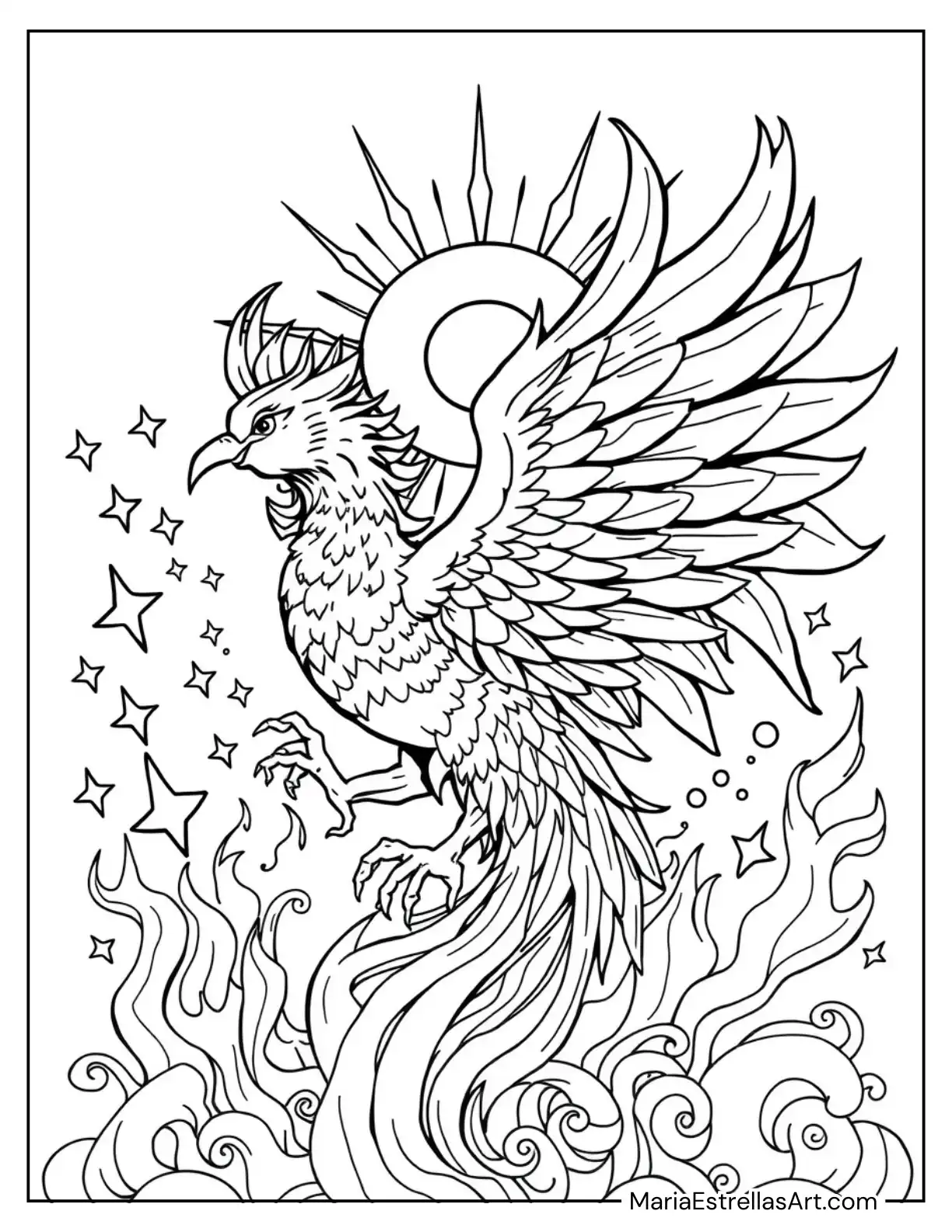 Happy Phoenix with Flames and Sparkles Coloring Page