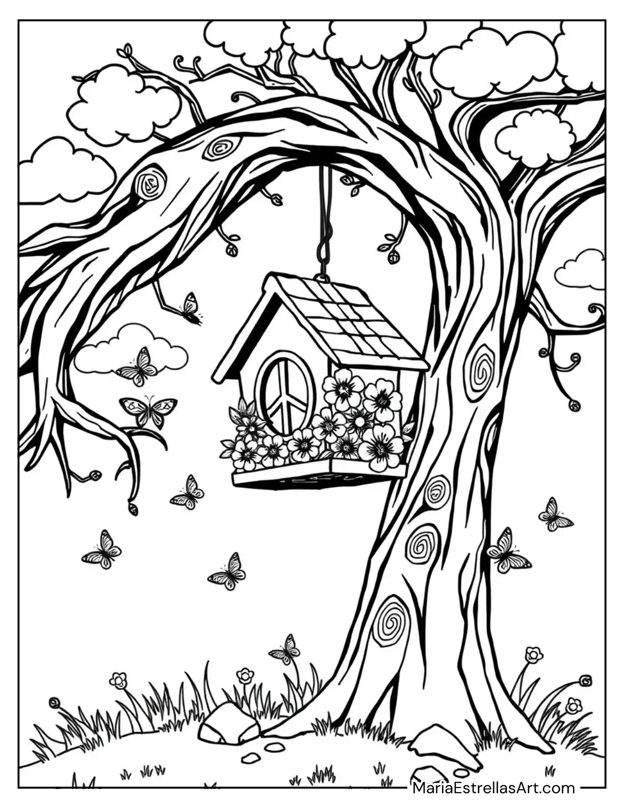 Hippie Birdhouse Decorated with Peace Signs and Flower Motifs Hanging from a Tree Coloring Page