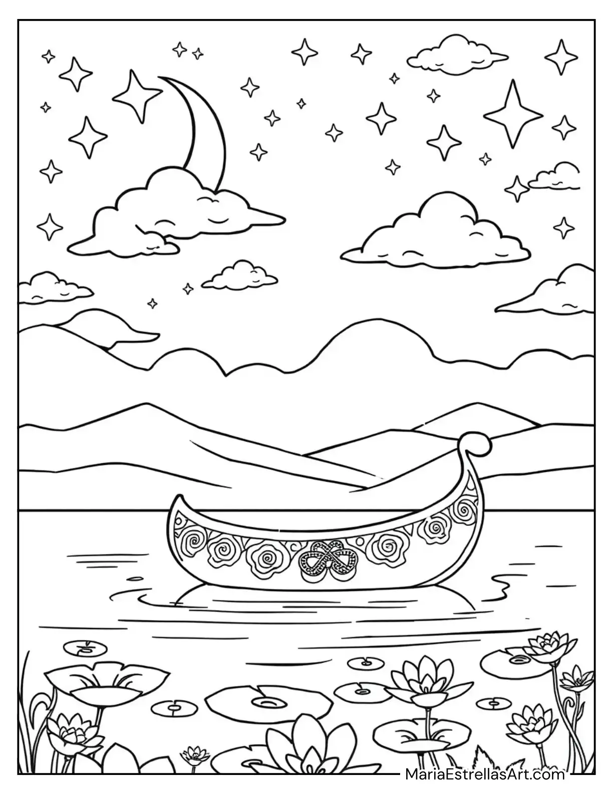 Hippie Boat Floating on a Calm Lake and Crescent Moon Coloring Page