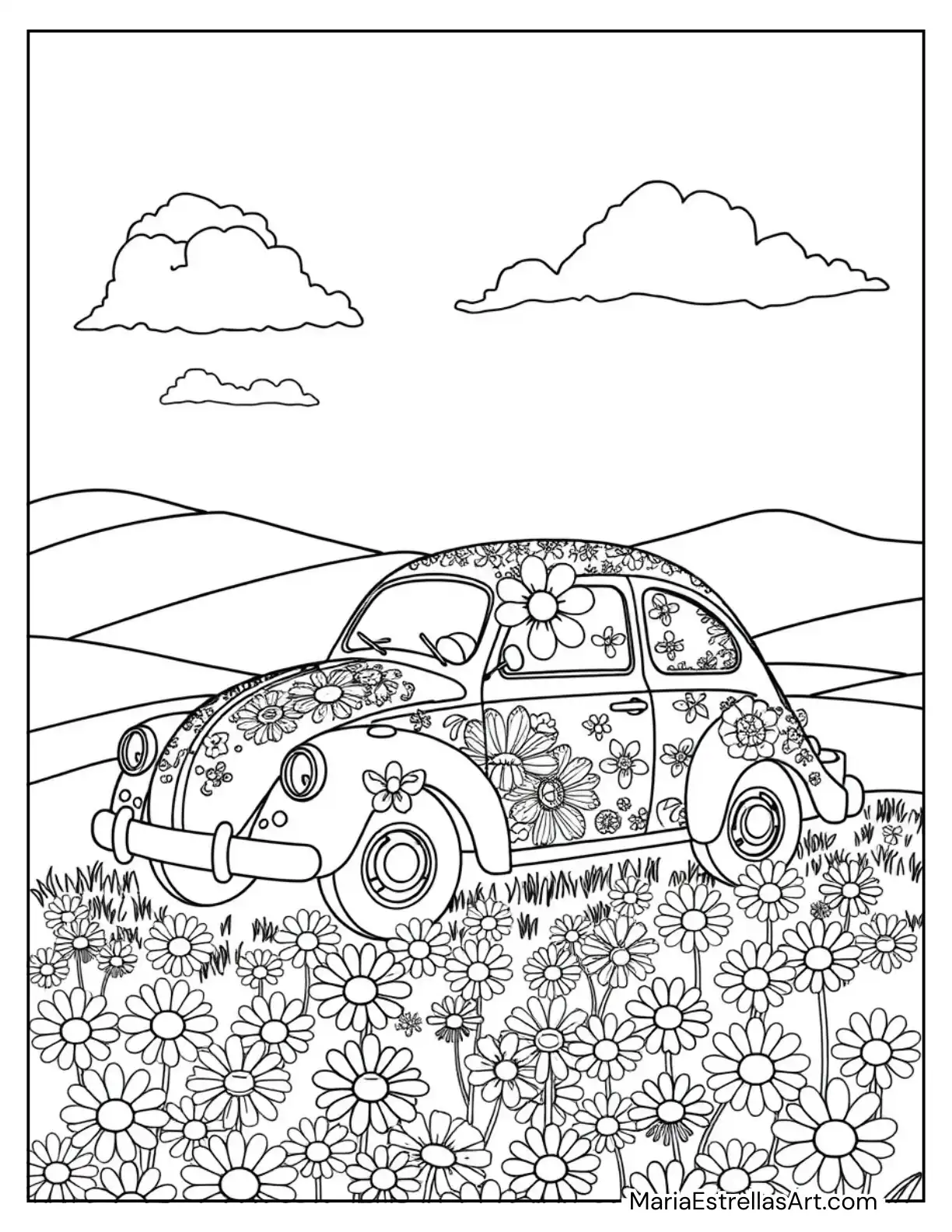 Hippie Car Covered in Flowers Parked Next to a Field of Daisies Coloring Page