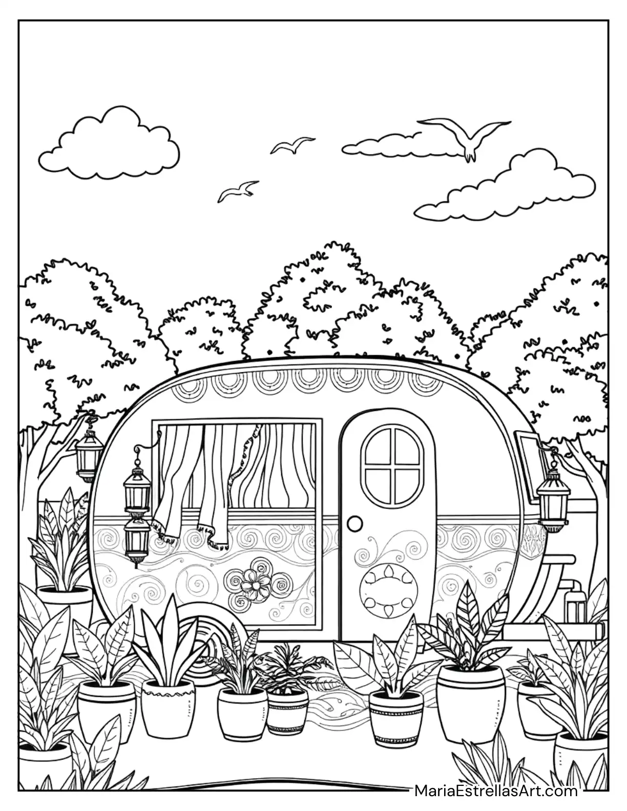 Hippie Caravan with Lanterns and Plants in a Cozy Outdoor Setting Coloring Page