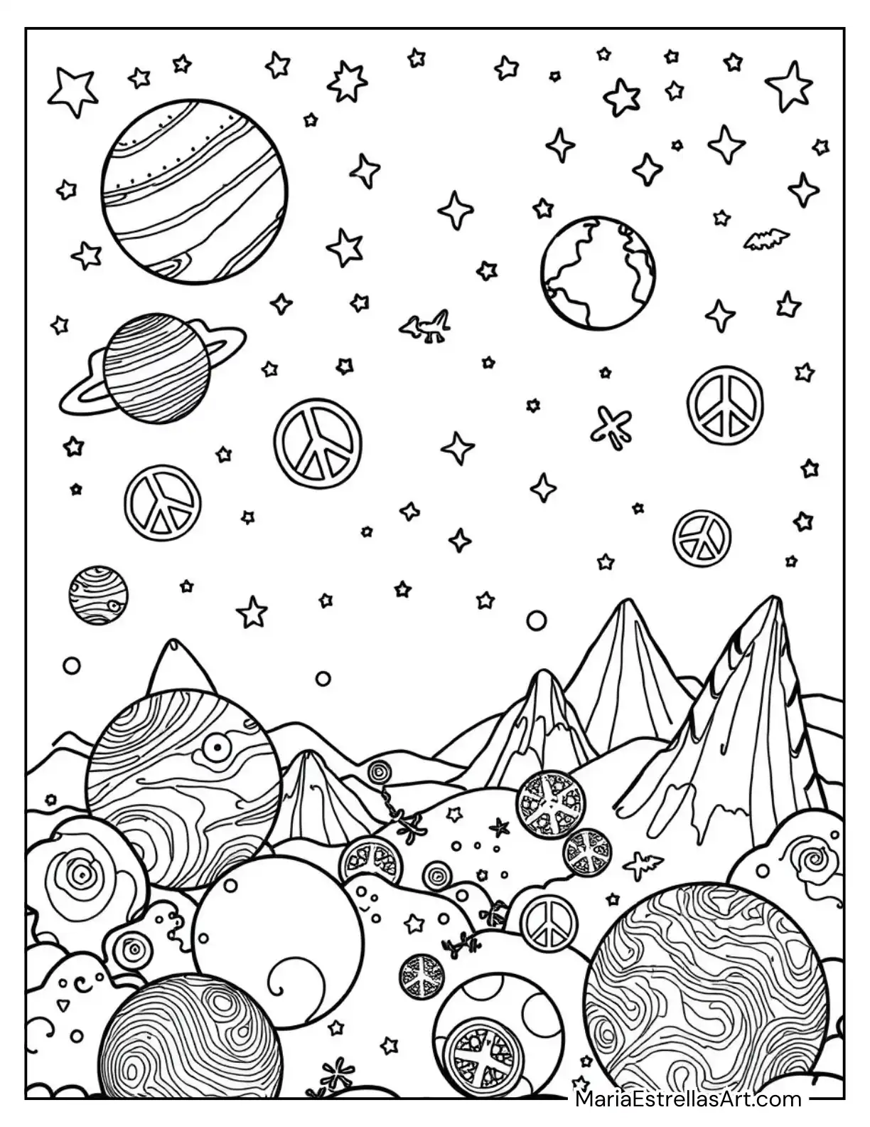 Hippie Cosmos with Planets, Constellations, and Peace Symbols Floating in Outer Space Coloring Sheet