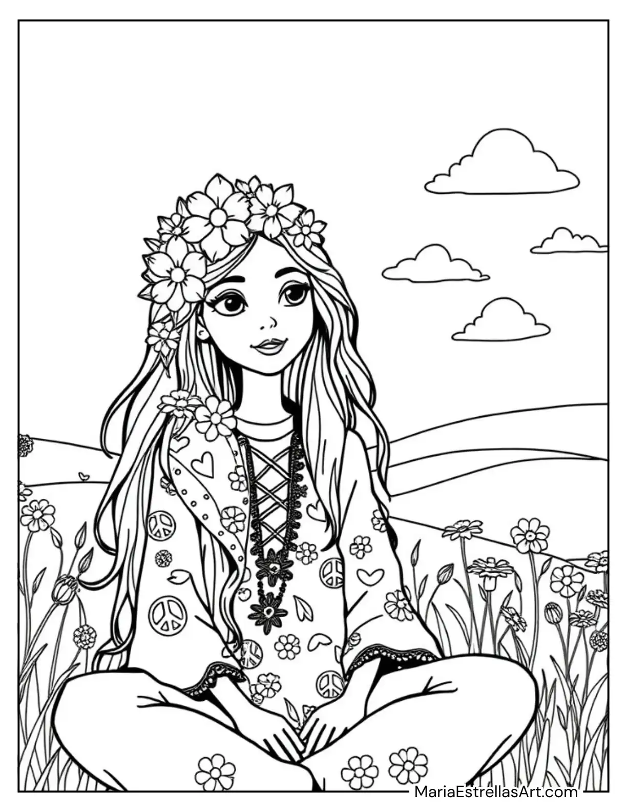 Hippie Girl Sitting Cross-Legged in a Field with Flowers in Her Hair Coloring Page