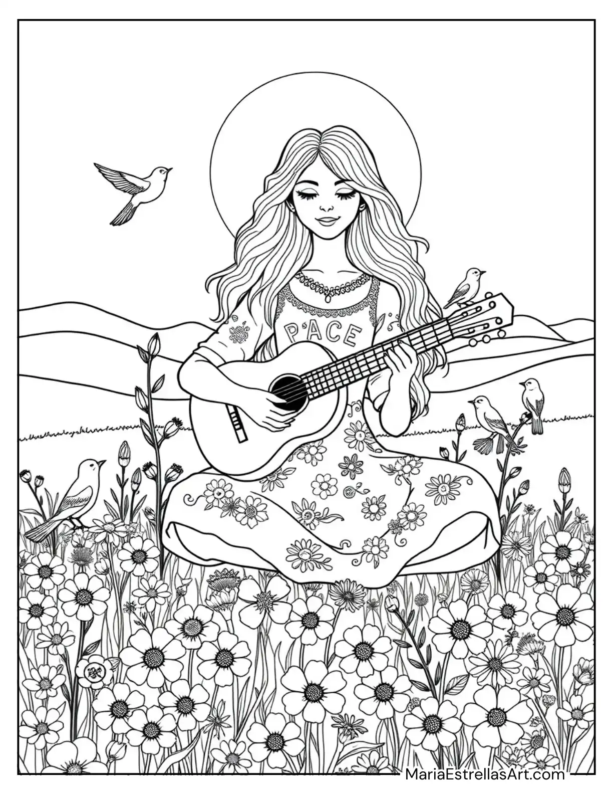 Hippie Girl in a Meadow at Sunset, Playing Her Guitar with Birds Perched Around Coloring Sheet