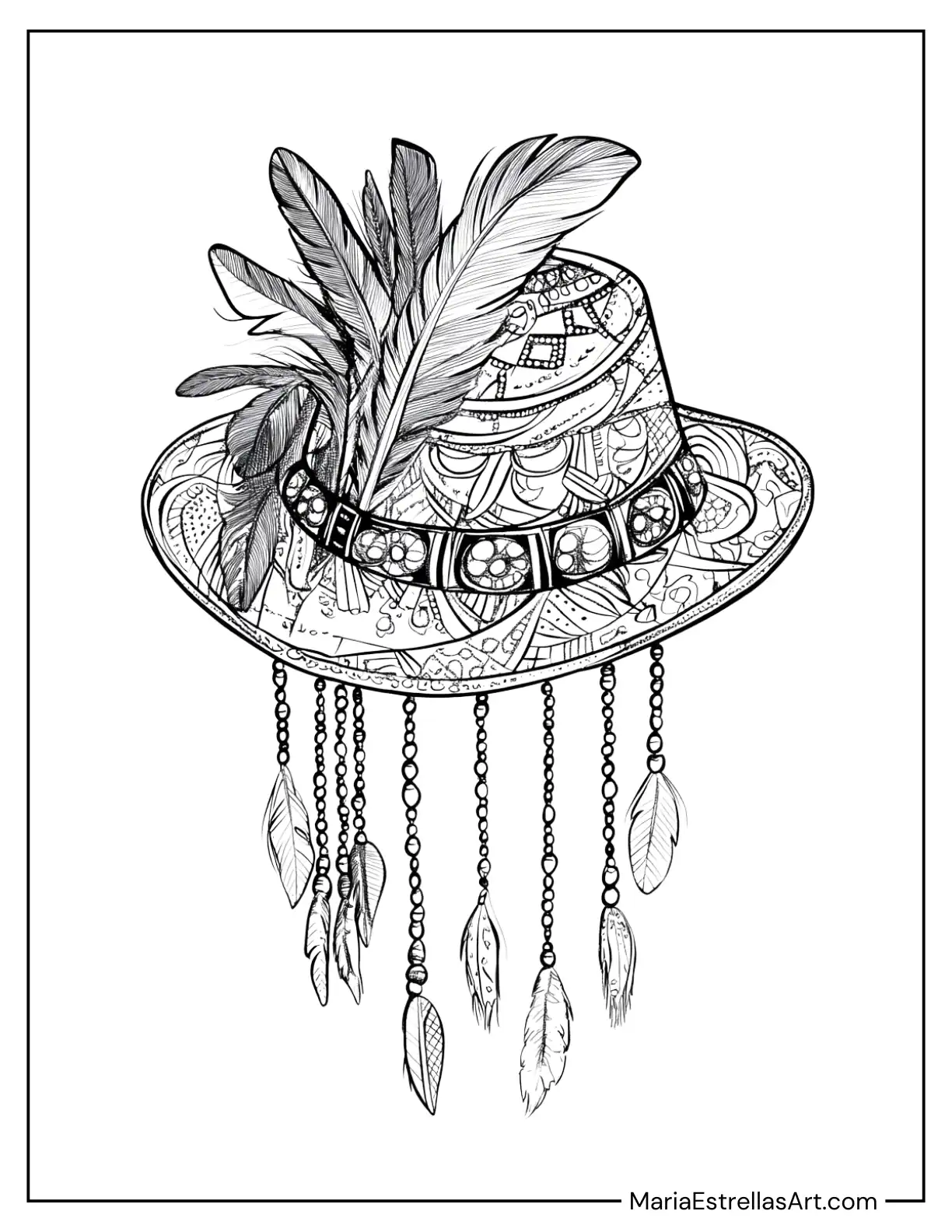 Hippie Hat With Feathers and Beads Hanging From It to Color for Kids