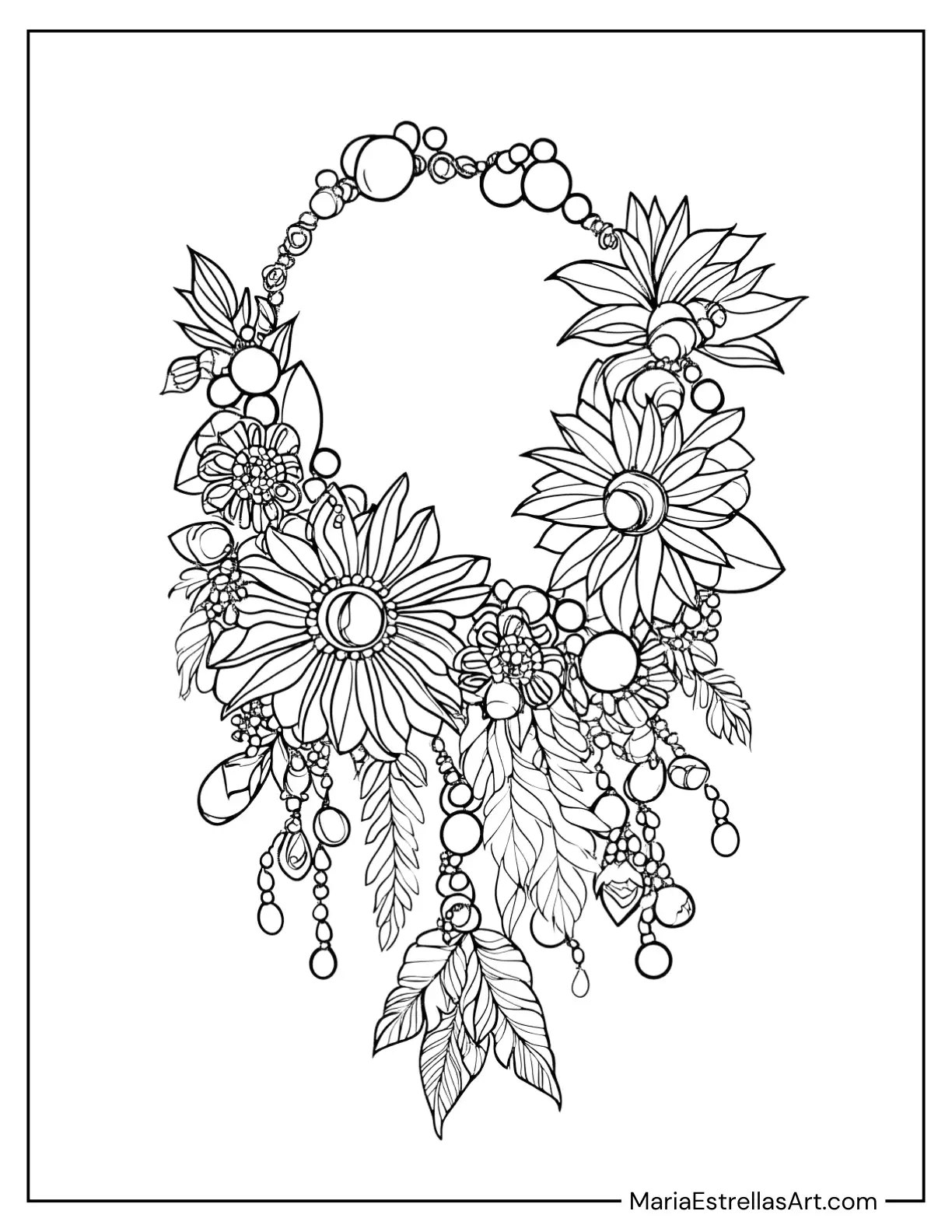 Hippie Necklace With Large Beads and Feathers Coloring Page