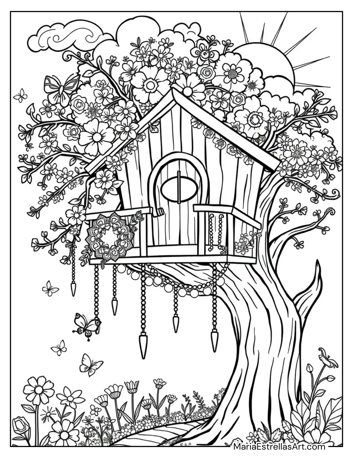 Hippie Treehouse Decorated with Flower Garlands and Hanging Beads Coloring Sheet