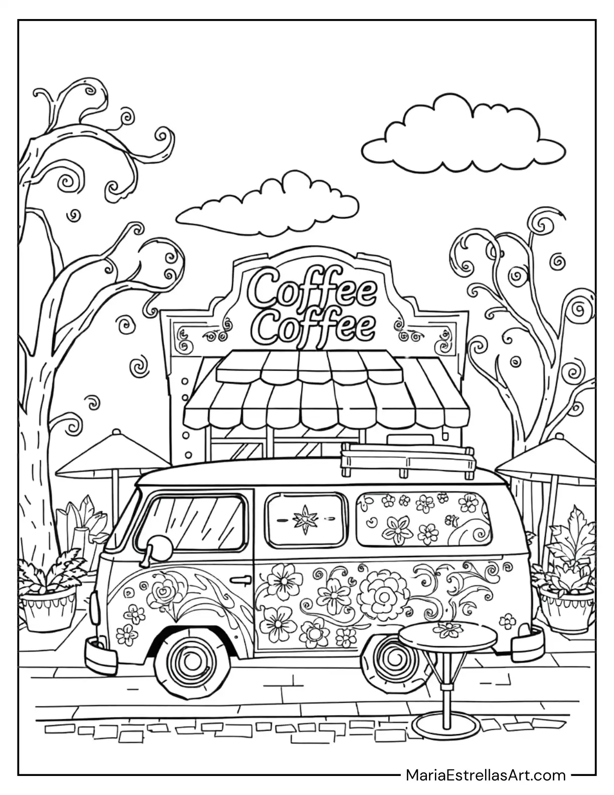 Hippie Van in Front of a Coffee Shop Coloring Page