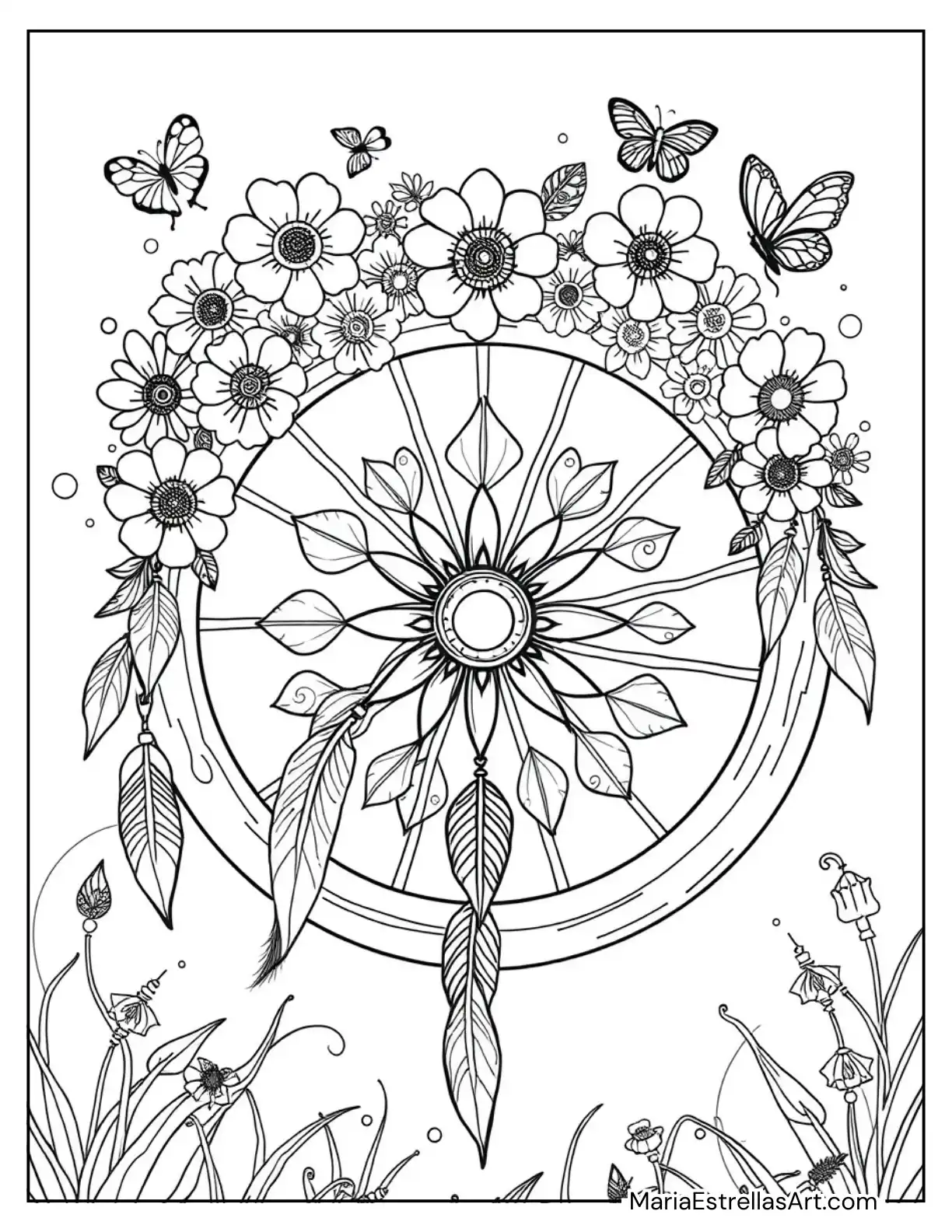 Hippie Wagon Wheel Decorated with Flowers, Dreamcatchers, and Beads Hanging from Each Spoke Coloring Page