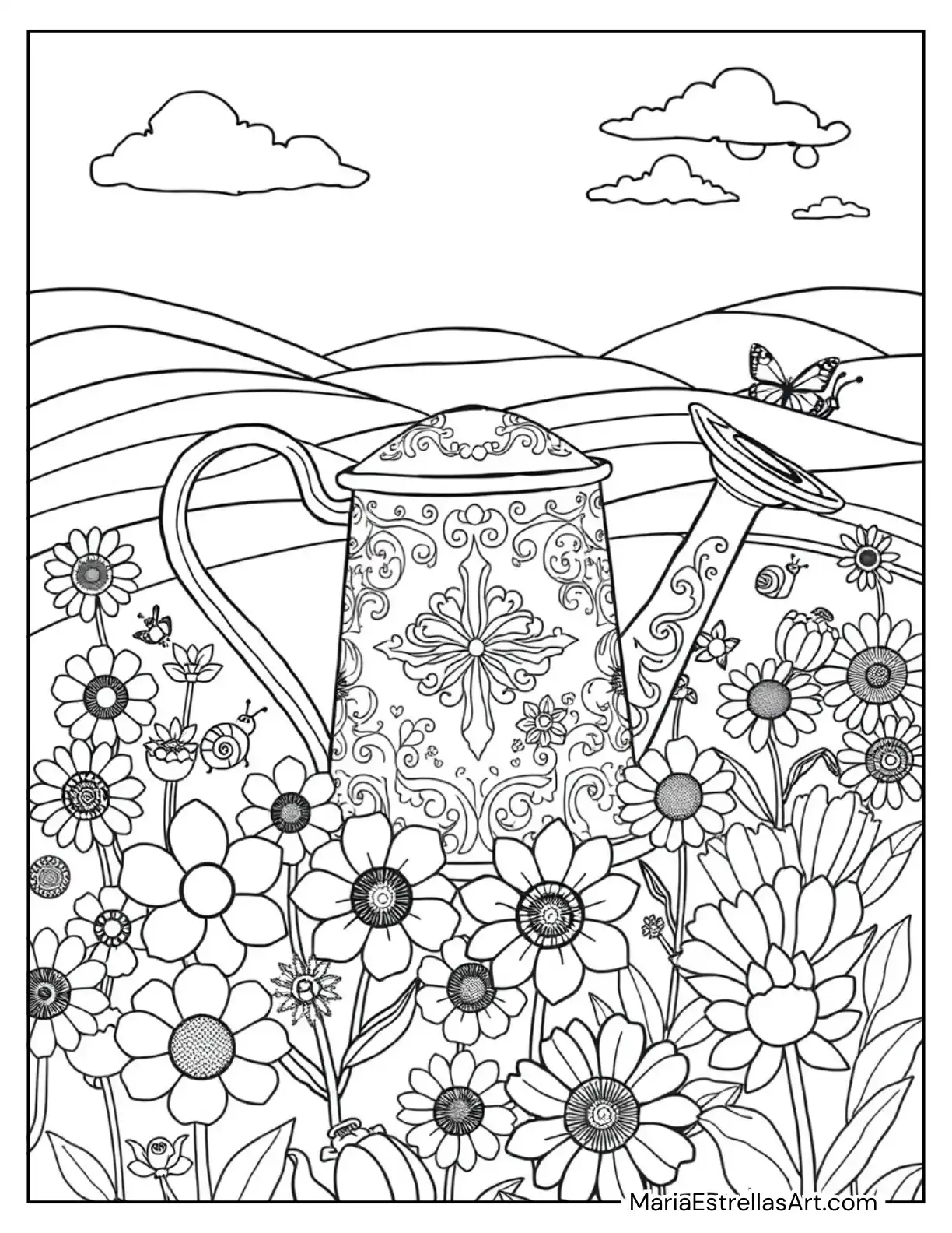 Hippie Watering Can Surrounded by Blooming Flowers and Garden Critters Coloring Page