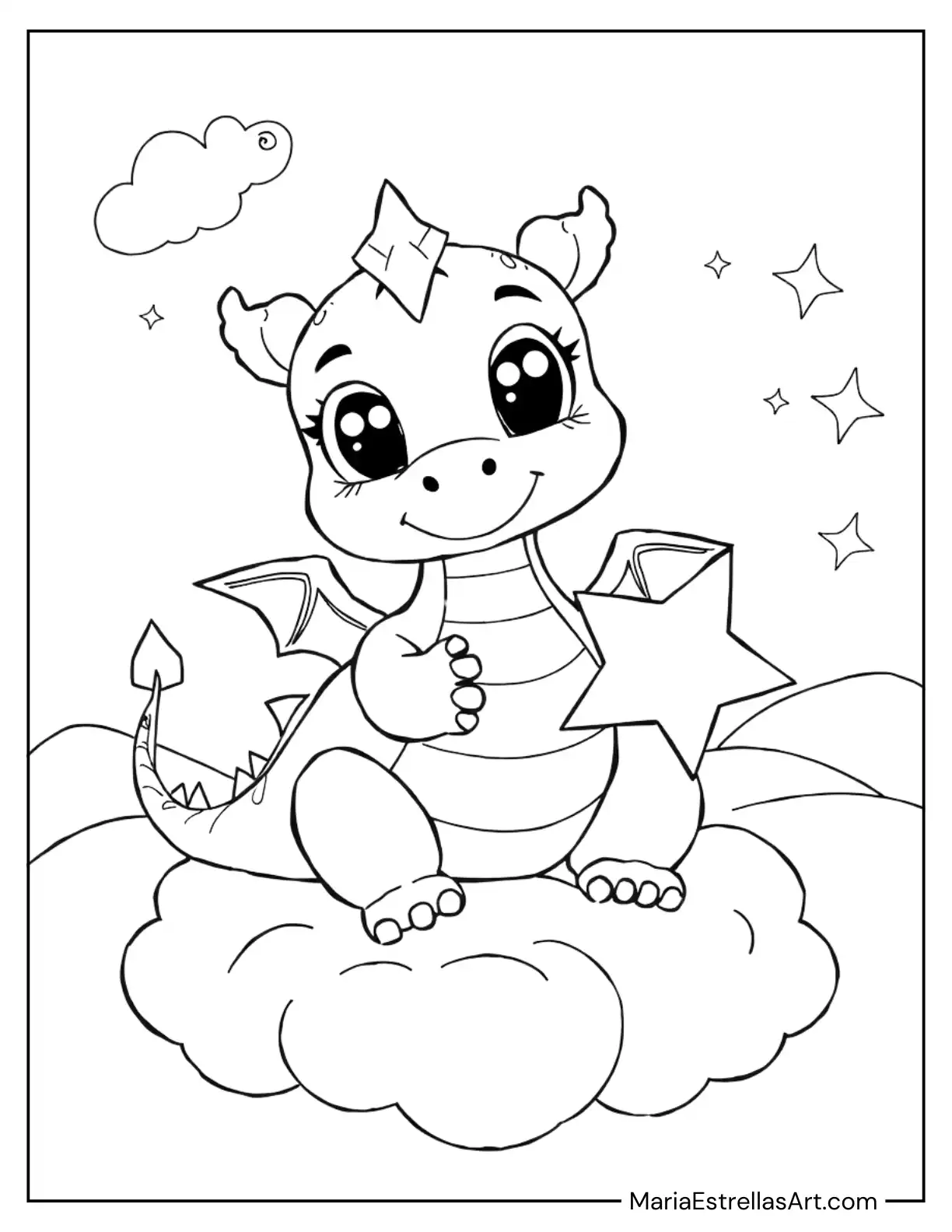 Kawaii Baby Dragon Holding a Star to Color for Kids