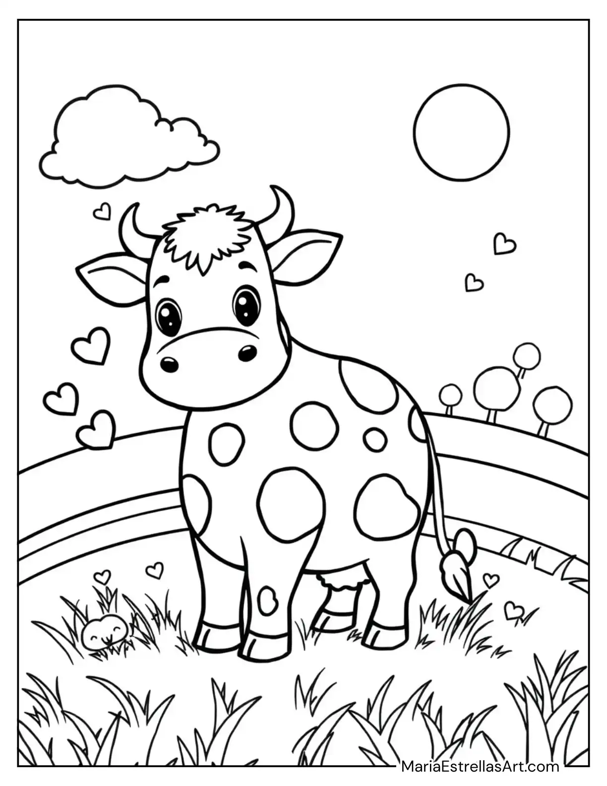 Kawaii Cow with Hearts to Color for Kids