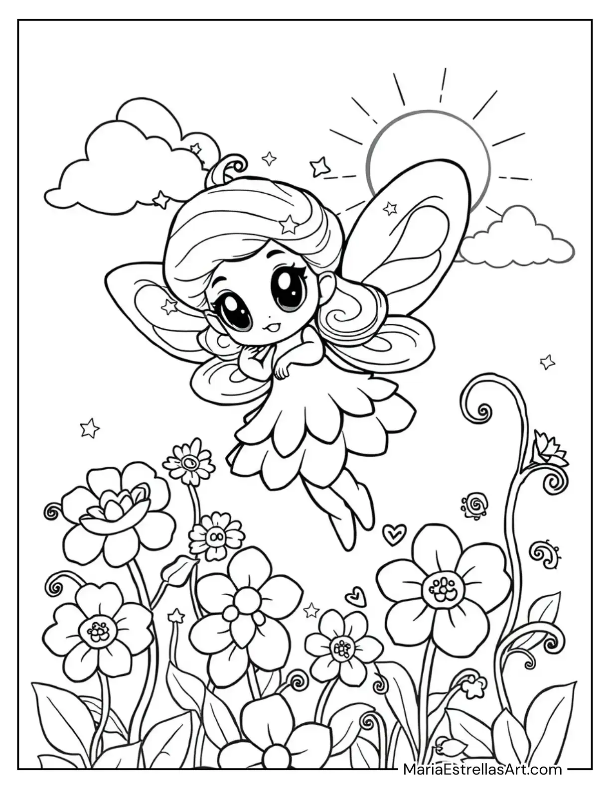 Kawaii Fairy with Big Sparkling Eyes Coloring Page