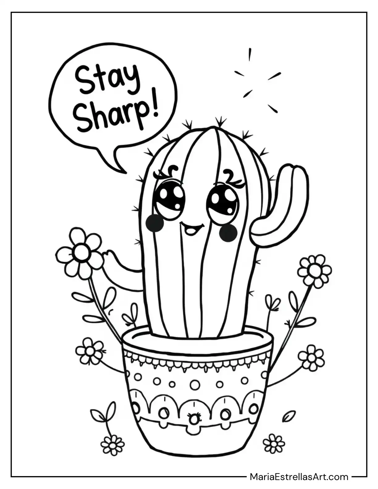 Kawaii Golden Barrel Cactus with Cute Eyes and a Speech Bubble Saying 'Stay Sharp!' Coloring Page