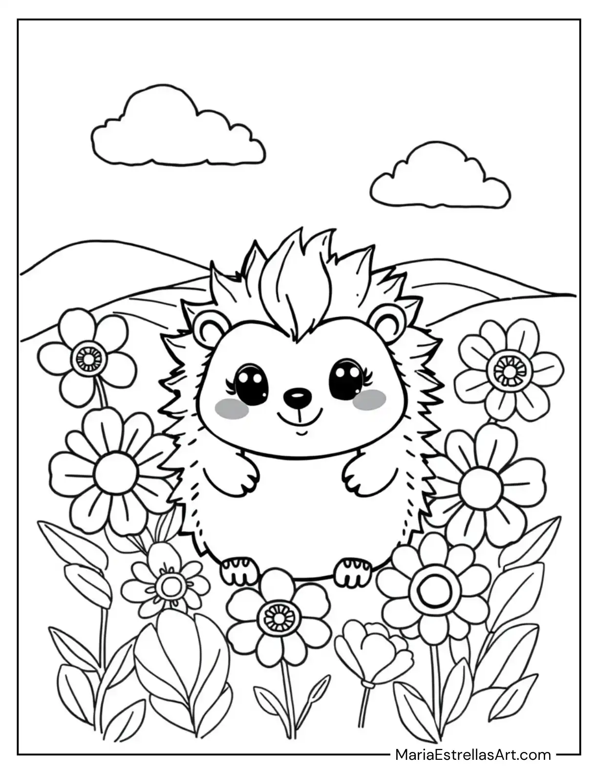 Kawaii Hedgehog Surrounded by Flowers Coloring Page