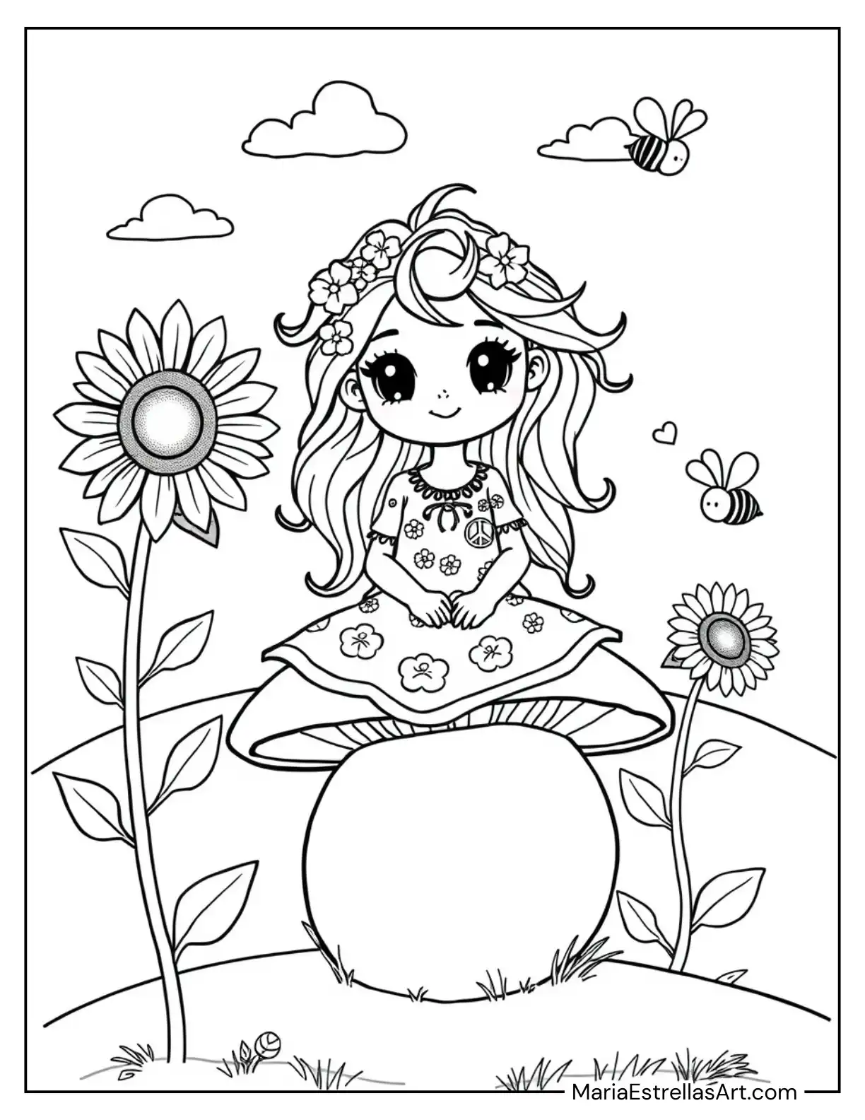 Kawaii Hippie Girl Sitting on a Mushroom, Surrounded by Sunflowers and Bees Coloring Page