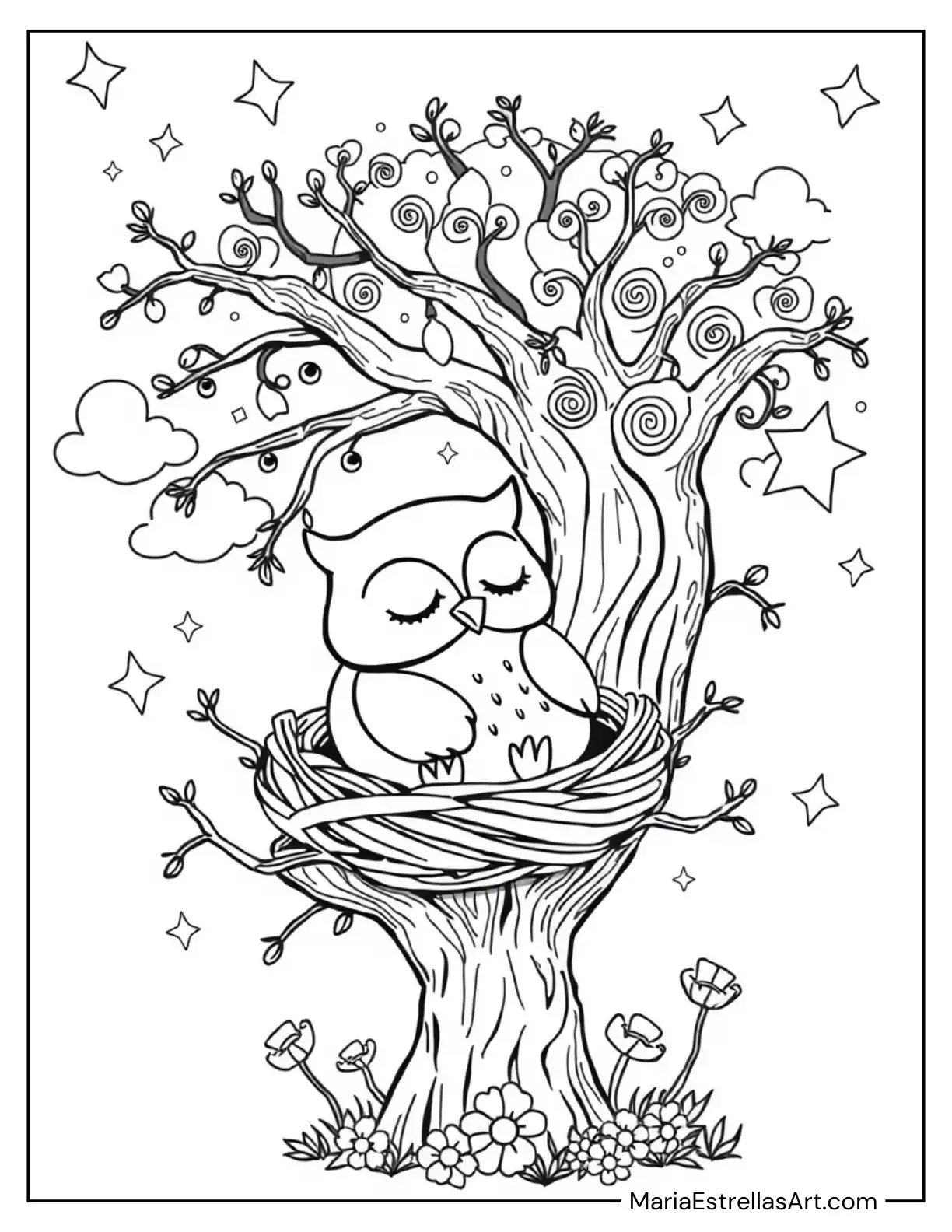 Kawaii Owl Snoozing in a Cozy Nest Coloring Page