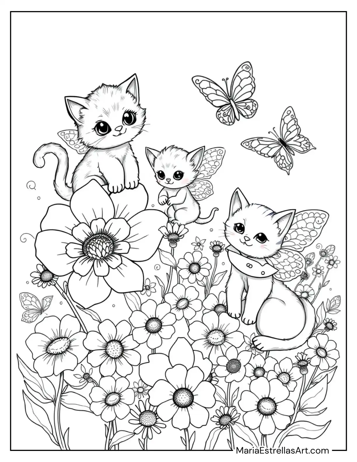 Kittens with Fairy Wings Surrounded by Flowers Coloring Sheet