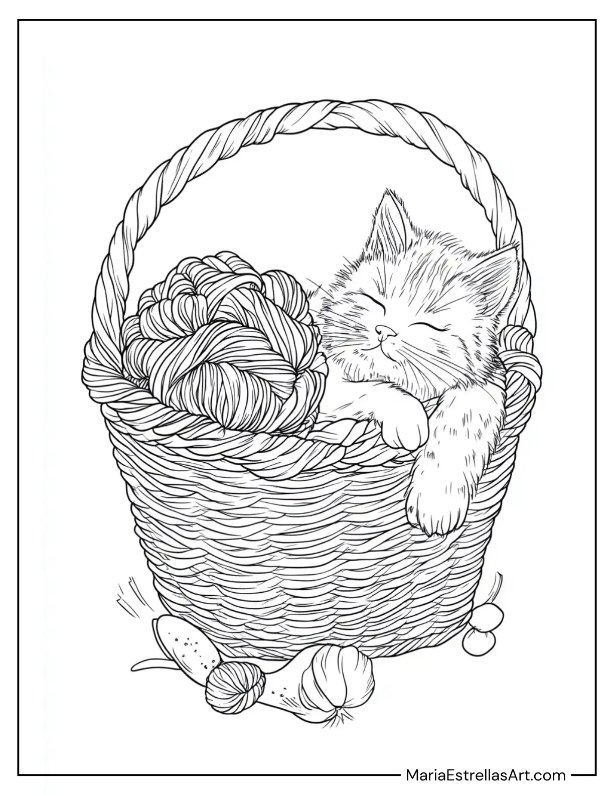 Knitting Basket Filled With Yarn Beside a Sleeping Cat Coloring Sheet