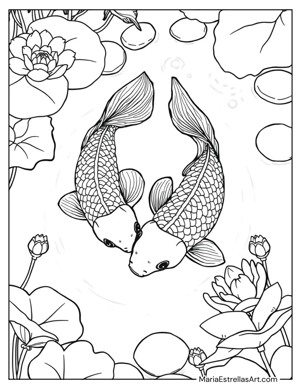 Koi Fish Gliding Through a Cozy Pond with Soft Ripples Coloring Page