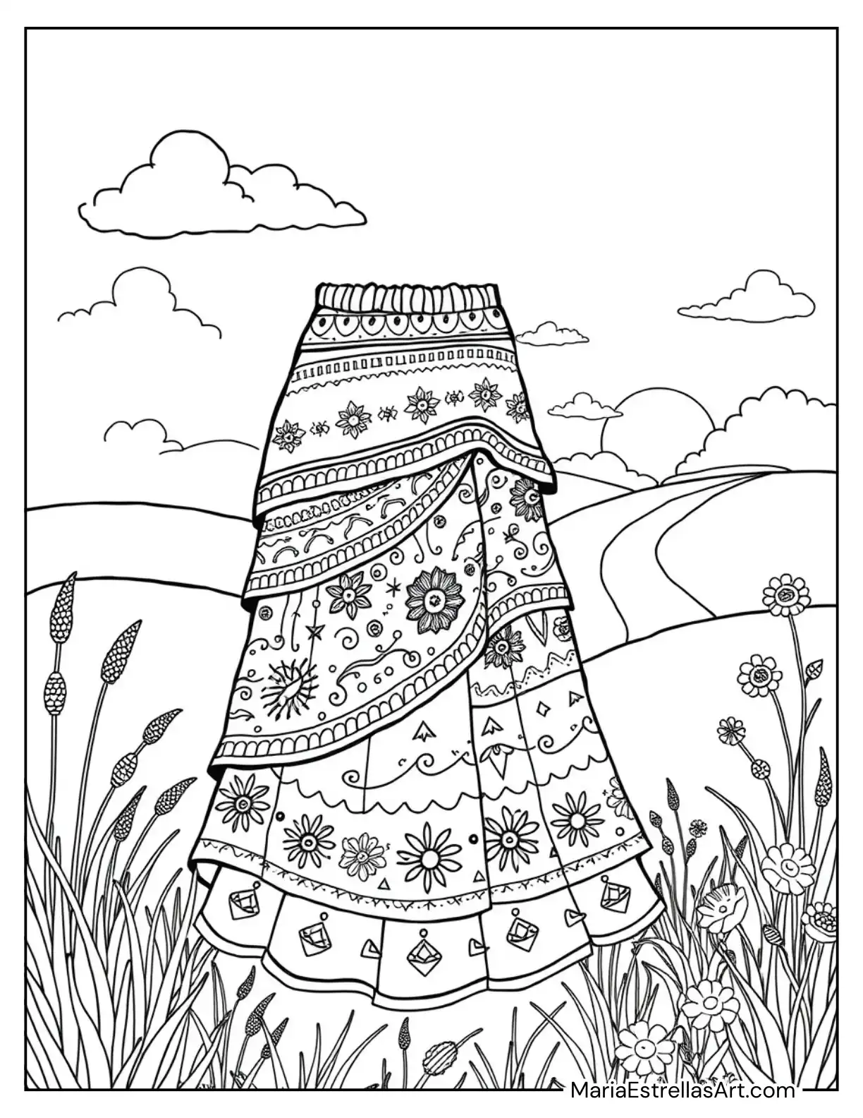 Layered Boho Skirt with Flowing Patterns and Designs Coloring Page