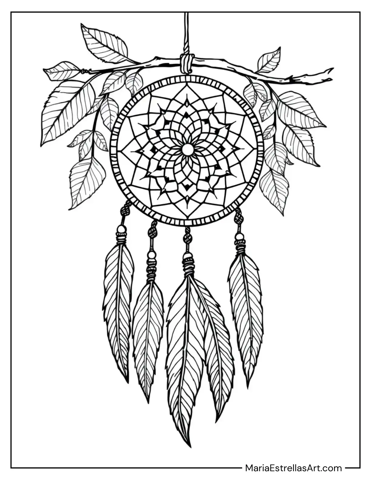 Leaf Dreamcatcher with Autumn-Themed Feathers Coloring Sheet