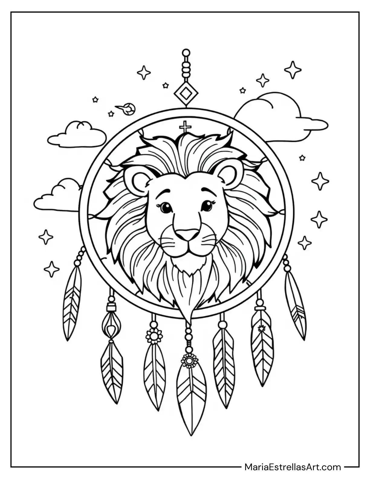 Lion Dreamcatcher with a Regal Mane Surrounding the Center Coloring Sheet