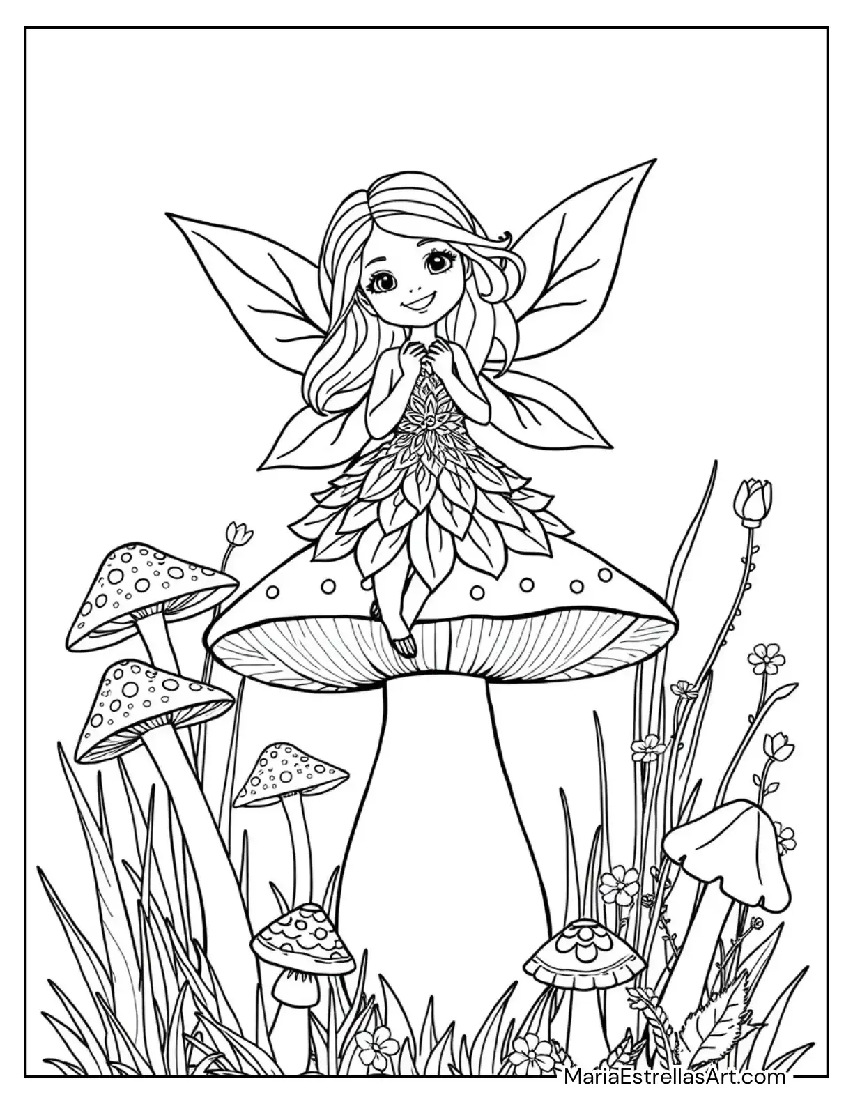 Little Fairy with Leaf Wings Sitting Among Mushrooms Coloring Page