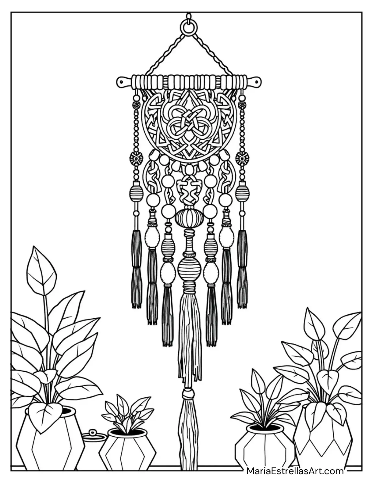 Macramé Wall Hanging with Beads and Tassels Coloring Sheet