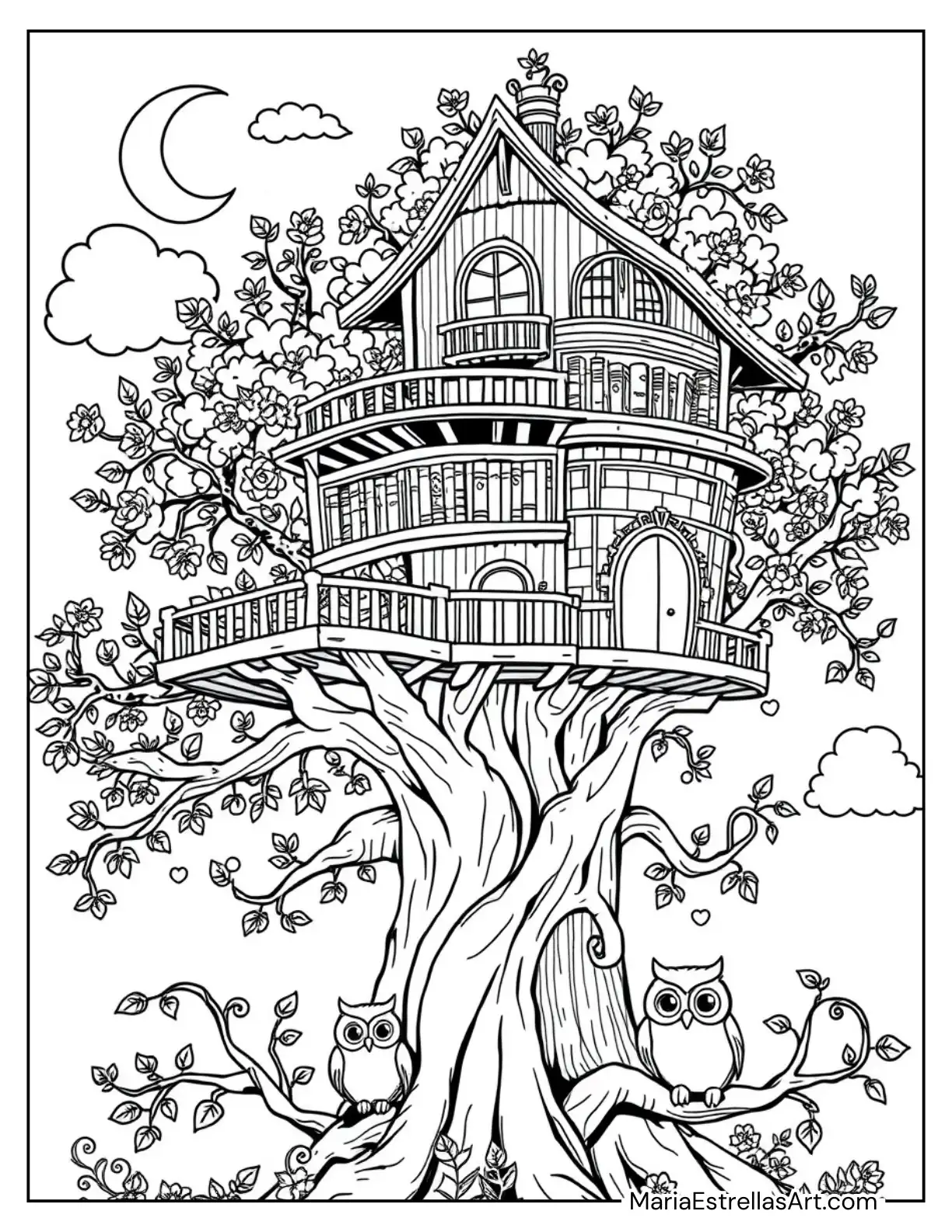 Magical Treehouse with Shelves of Books and Cozy Owl Nooks Coloring Sheet