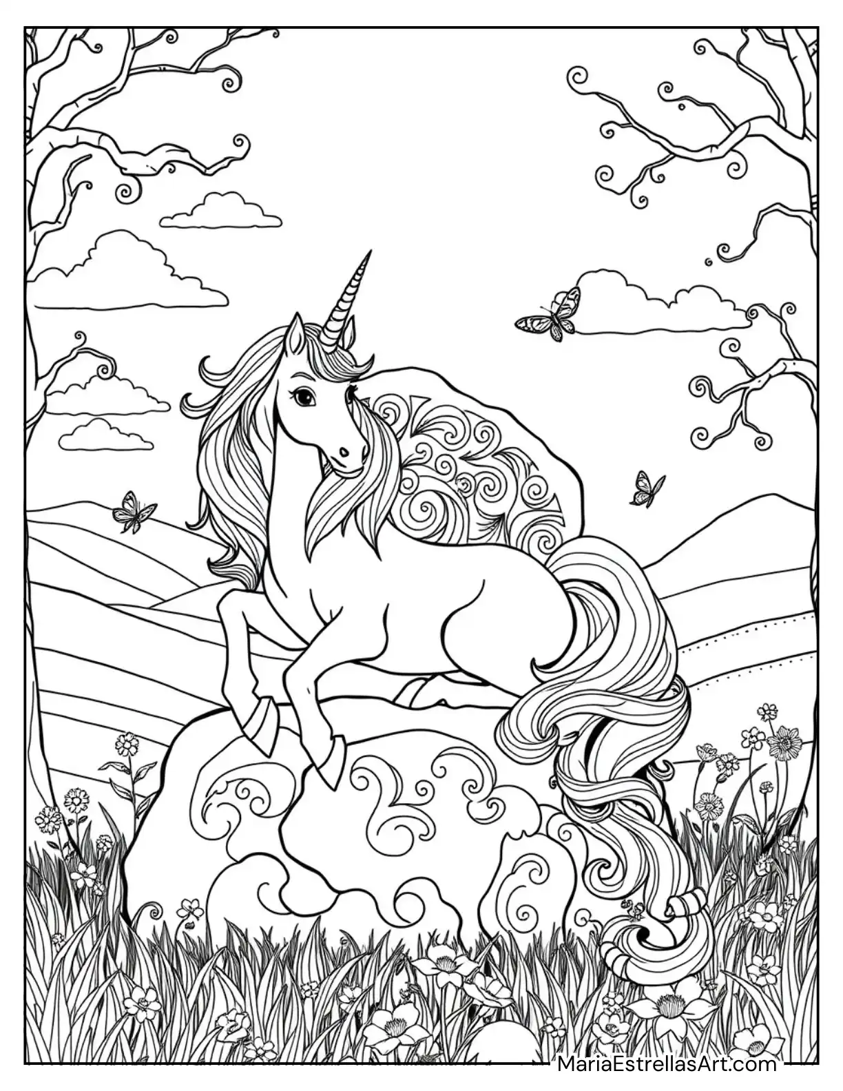 Magical Unicorn Resting on a Rock Throne in a Mystical Meadow Coloring Sheet